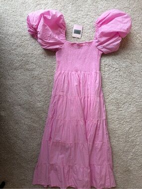 Hello Molly Pink Smocked Bodice Puff-Sleeve Dress